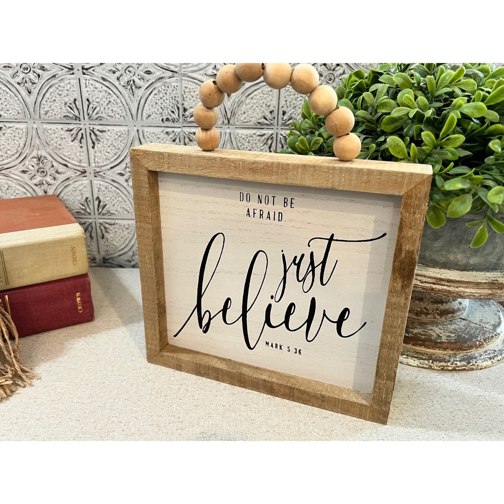Mark 5:36 Just Believe Rustic Wood Framed Sign with Bead Handle Farmhouse Decor - Picture 6 of 6